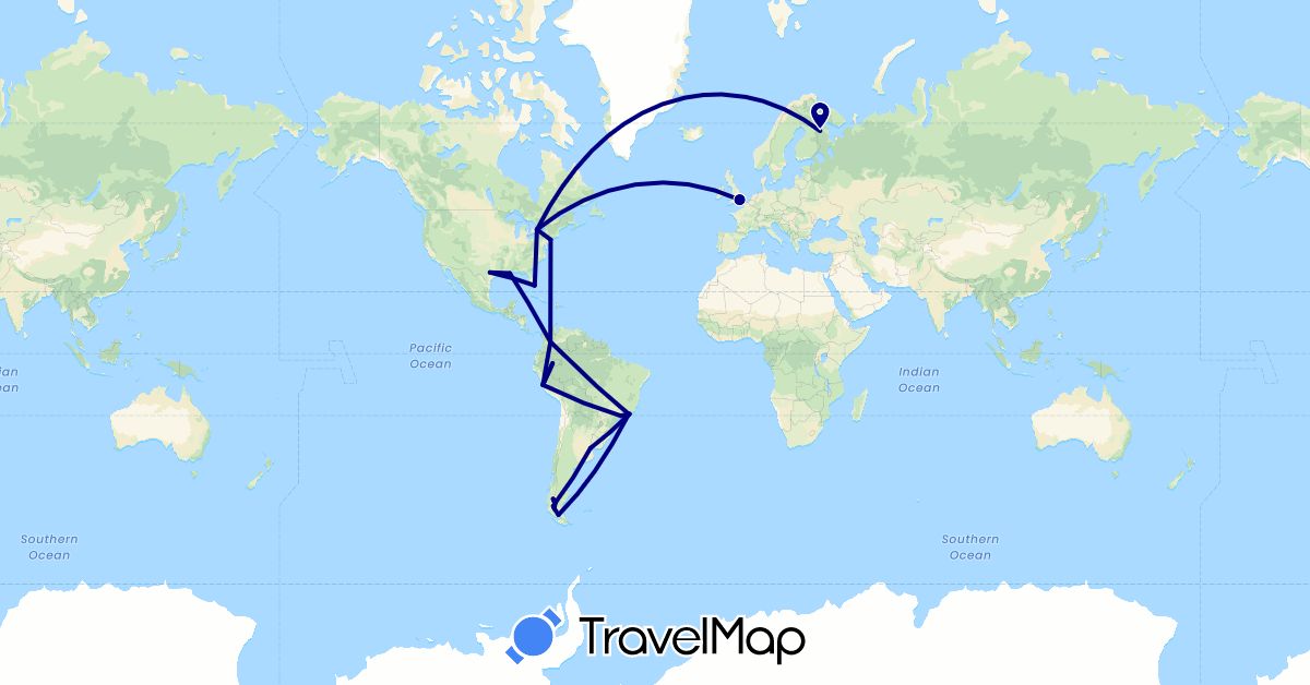 TravelMap itinerary: driving in Argentina, Brazil, Canada, Chile, Colombia, United Kingdom, Peru, United States (Europe, North America, South America)